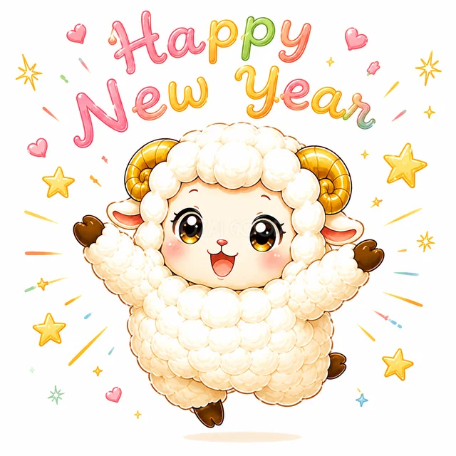 星に囲まれ両手を広げるHappy New Yearの羊（背景透過PNG）