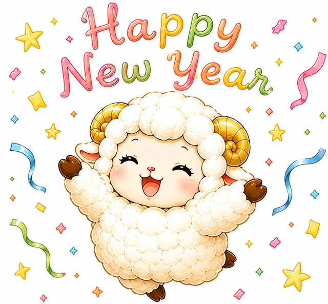 紙吹雪の中で両手を上げるHappy New Yearの羊（背景透過PNG）