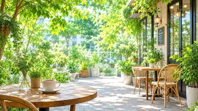 新緑に包まれた明るいガーデンカフェテラス背景