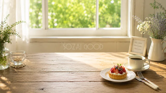 フルーツタルトとコーヒーを置いた明るい窓辺のカフェ背景
