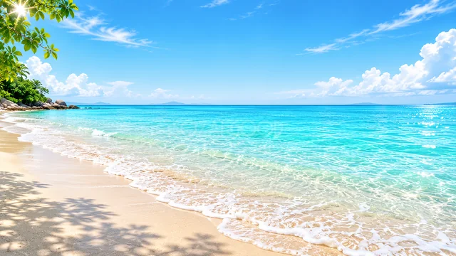 透明な波が寄せる白い砂浜と青い海の夏背景