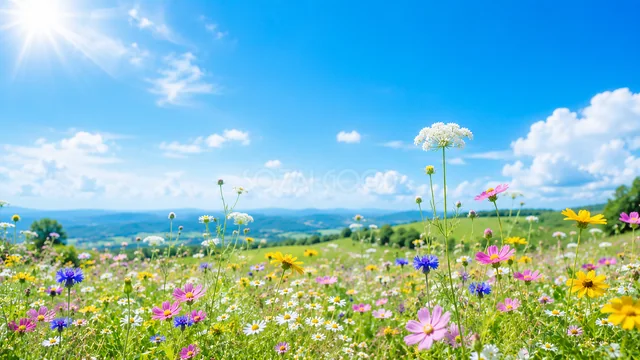 色とりどりの野花が咲く青空の夏の草原背景
