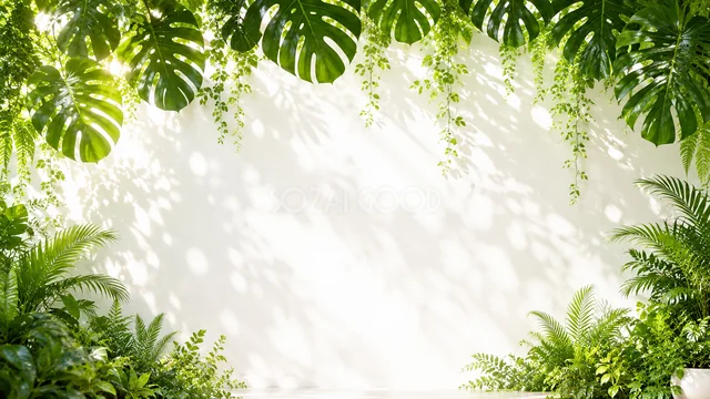 モンステラの影が映る白壁の夏の緑ボタニカル背景