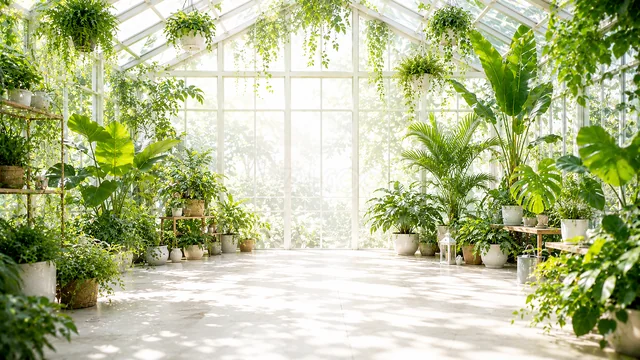 緑あふれる温室の夏の緑ボタニカル背景