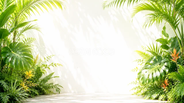 ヤシの葉のステージの夏の緑ボタニカル背景