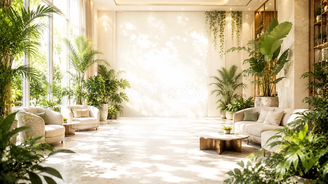 観葉植物のあるリビングの夏の緑ボタニカル背景