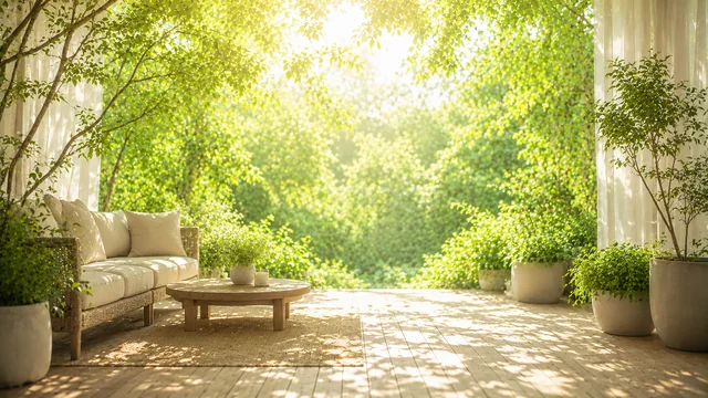 白いソファと観葉植物を置いた木漏れ日のガーデンリビング背景