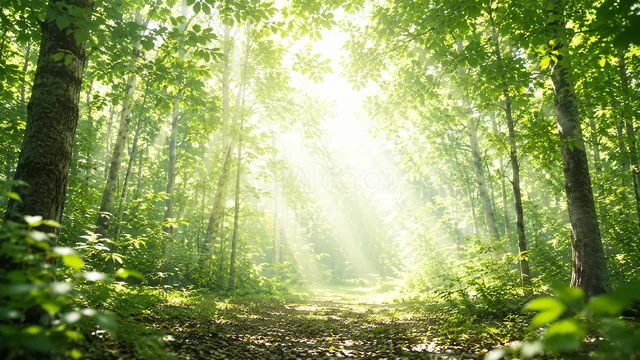 光芒が差し込む深い新緑の森の幻想的な背景
