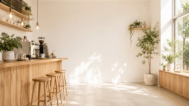 木製カウンターと植物がある明るいカフェの白壁背景・コピースペース