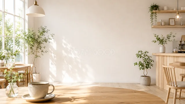 コーヒーカップを置いた窓辺の木製テーブルと白壁カフェ背景