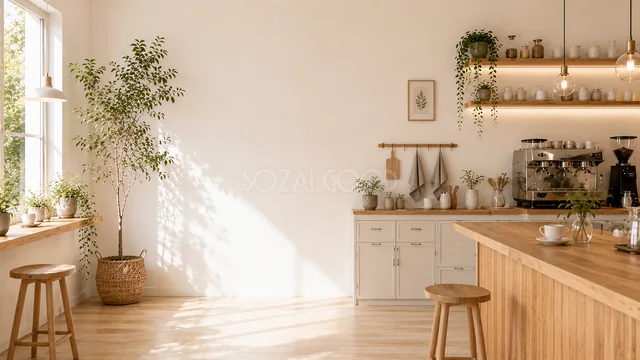 エスプレッソマシンと木製カウンターのナチュラルカフェ背景