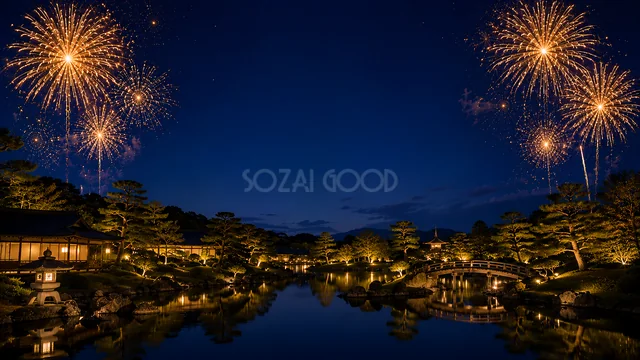 古い町並みと川辺の花火の夜景と花火水彩背景