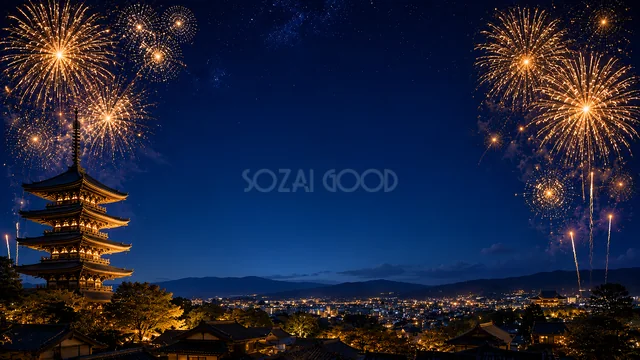 五重塔と花火の夜景と花火水彩背景