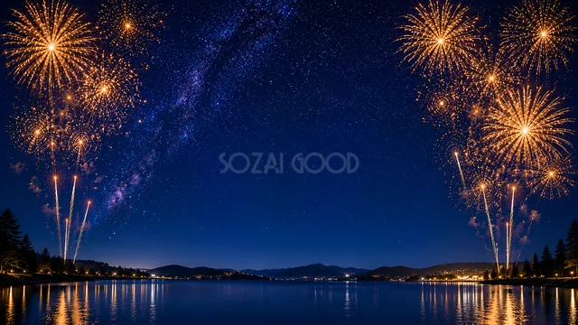 天の川と湖畔の花火の夜景と花火水彩背景