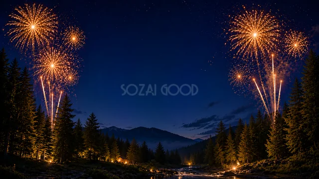 山並みと花火の夜景と花火水彩背景
