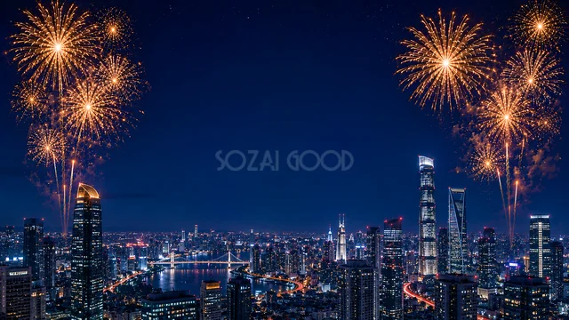 高層ビル街の花火の夜景と花火水彩背景