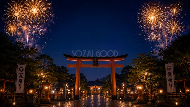 鳥居と花火の夜景と花火水彩背景