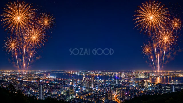 都市のパノラマ花火の夜景と花火水彩背景
