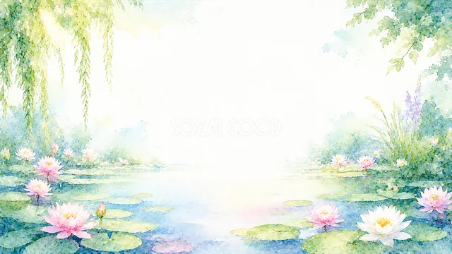 睡蓮の池と緑を描いた涼しげな水彩ガーデン背景・コピースペース