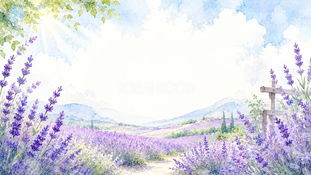 ラベンダー畑と山並みを描いた爽やかな水彩背景・コピースペース
