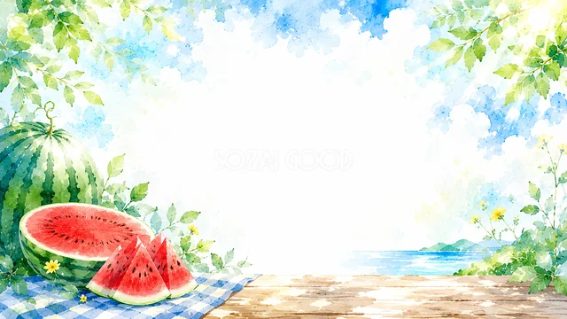 青空と海辺にスイカを置いた水彩の夏背景・コピースペース