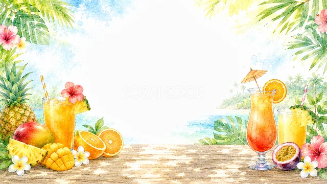 マンゴーやオレンジのトロピカルジュースを描いた水彩背景