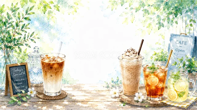 アイスコーヒーとカフェラテを並べた水彩カフェ背景・コピースペース