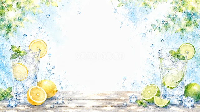 レモンとライムの炭酸水を描いた涼しげな水彩背景・コピースペース