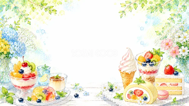 アイス・パフェ・ケーキを並べた華やかな水彩デザート背景