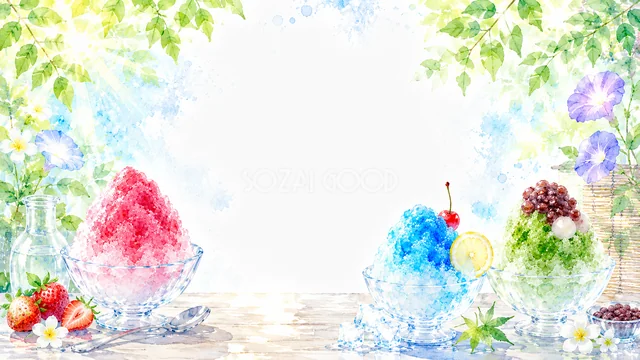 赤・青・緑のかき氷を並べた涼しげな水彩の夏背景・コピースペース
