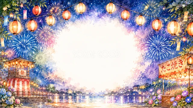 夜空の花火と提灯屋台を描いた水彩の夏祭り背景・コピースペース