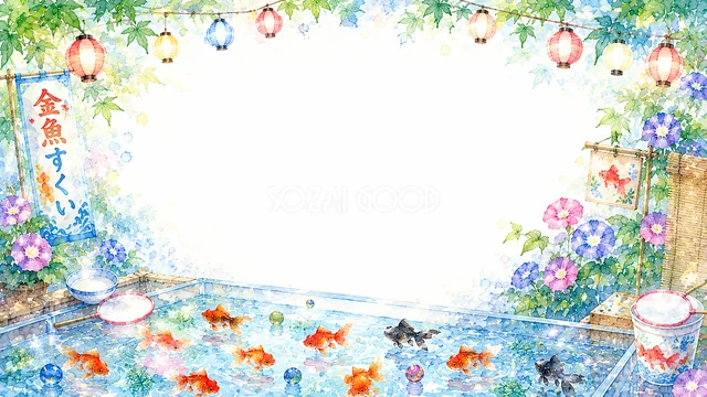 金魚すくいの水槽と提灯を描いた水彩の縁日背景・コピースペース