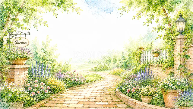 レンガの小道とラベンダーを描いた水彩ナチュラルガーデン背景