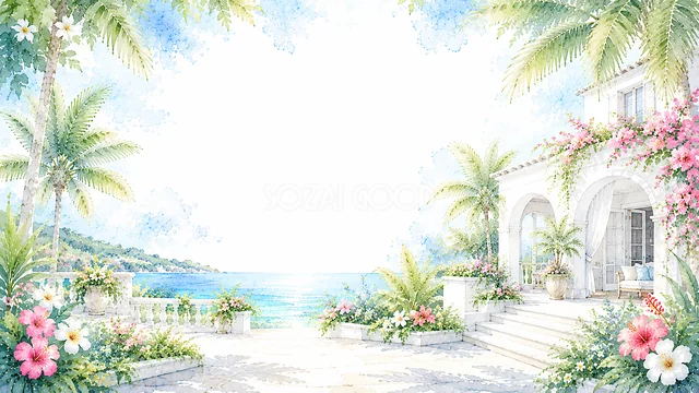 白いリゾートヴィラと青い海を描いた水彩の南国背景・コピースペース