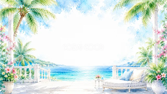 南国の花とデイベッドを飾った水彩オーシャンテラス背景