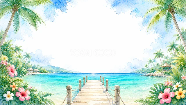ヤシの木と花に囲まれた桟橋が海へ伸びる水彩リゾート背景