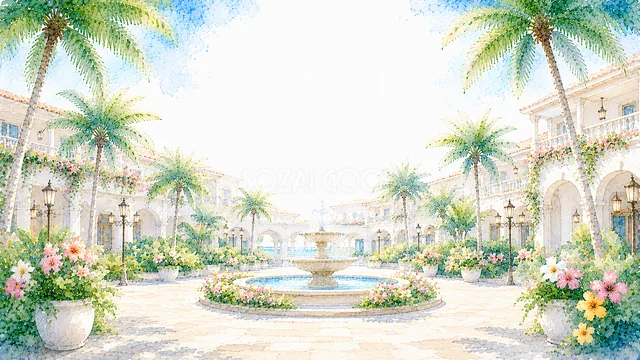 噴水と南国の花が彩る水彩リゾートホテルの中庭背景