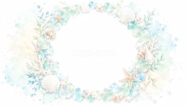 貝殻・ヒトデ・シーグラスで囲んだ丸い水彩マリンフレーム背景