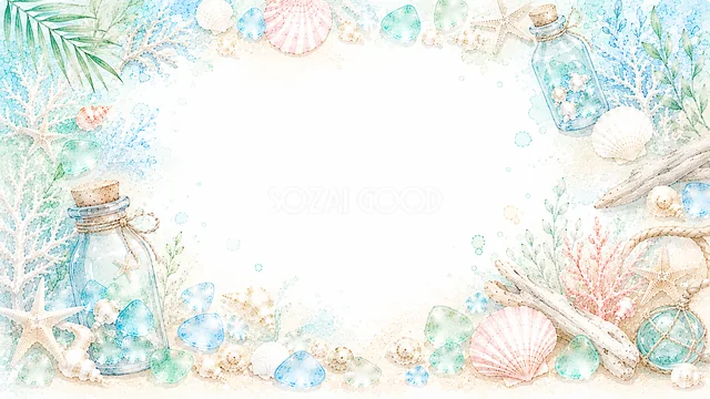 小瓶・貝殻・コンパスを飾った水彩の海辺フレーム背景