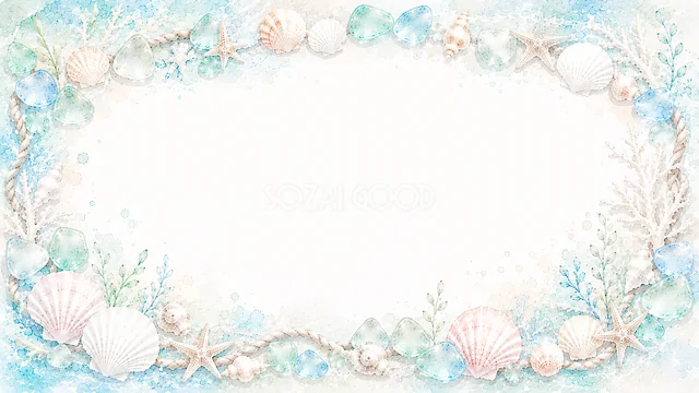 貝殻とサンゴで四辺を囲んだ淡い水彩マリンフレーム背景