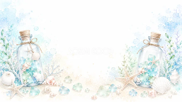2本の小瓶と貝殻を並べた水彩の海辺背景・コピースペース