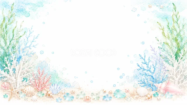 青と緑のサンゴを下辺に描いた水彩の海中背景・コピースペース