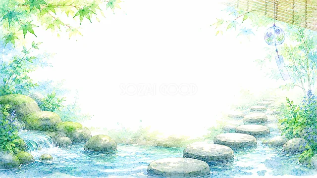 飛び石と風鈴を描いた涼しげな水彩の日本庭園背景・コピースペース