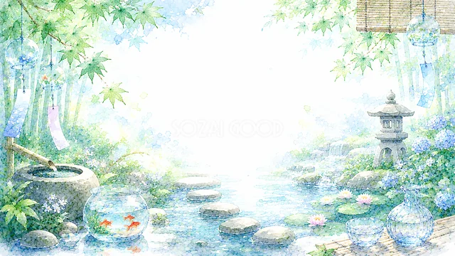 風鈴と金魚が泳ぐ池を描いた水彩の和風夏背景・コピースペース