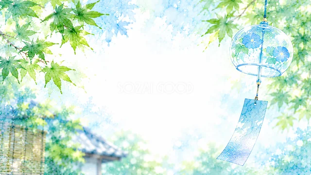 青もみじと青い風鈴を描いた爽やかな水彩の夏背景・コピースペース