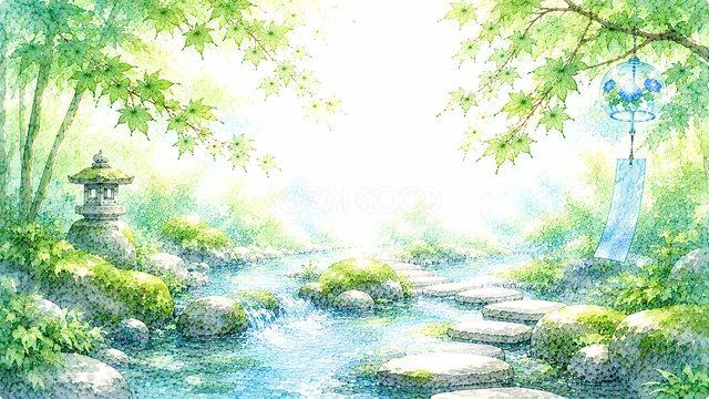 飛び石と風鈴を描いた緑豊かな水彩庭園背景・コピースペース