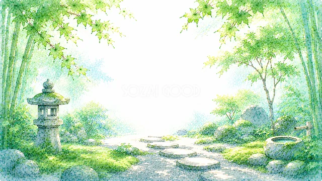 石灯籠と飛び石を描いた木漏れ日の水彩日本庭園背景