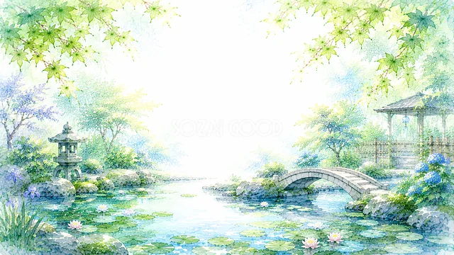 太鼓橋と池を描いた青もみじの水彩日本庭園背景
