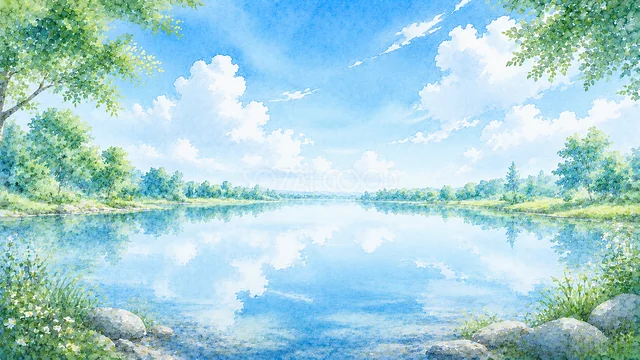 青空と白い雲を映す明るい水彩の湖背景