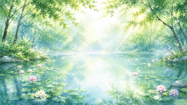木漏れ日と睡蓮が浮かぶ水彩の静かな池背景